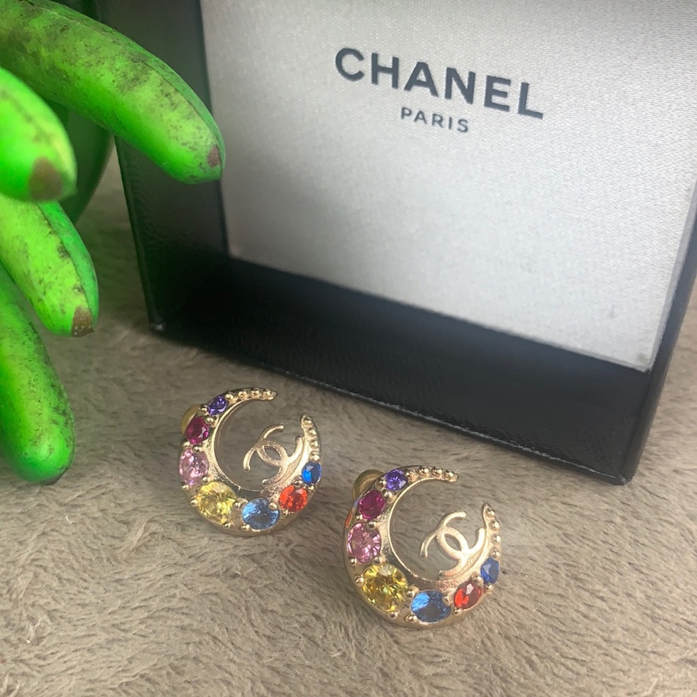 CHANEL Brushed Gold Tone Multicolor Stone Stud Moon CC Logo Earrings